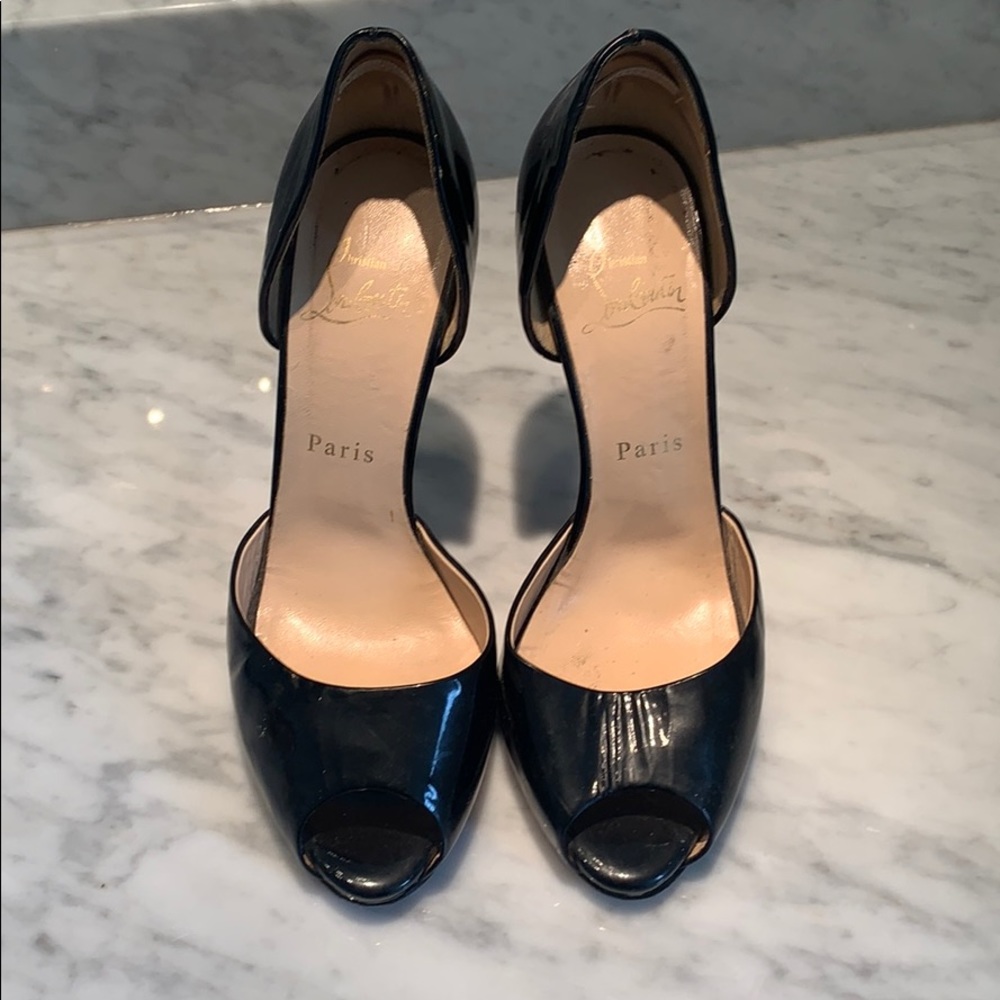 Black patent leather peep toe Louboutins